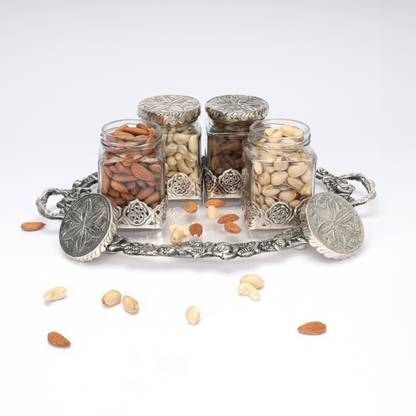Natriel Luxury German Silver Kharbuja Jars & Tray Set for Décor & Gift Presentation Container Serving Set