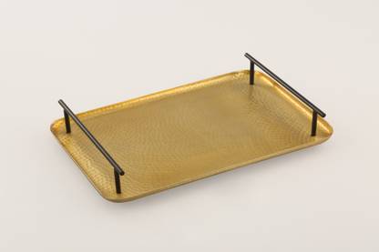 GRD International Hammered Gold Tray with Black Handles Tray Serving Set