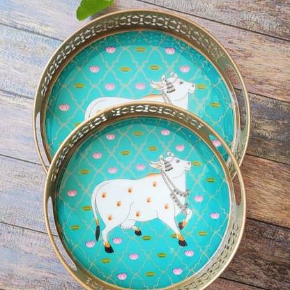 Craftomanic Round Tray Set of 2 Cow Pichwai Tray (Size = 8" and 10") Tray Serving Set