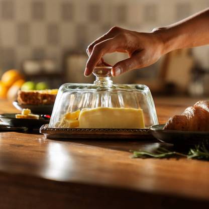 ellementry clear glass butter dish with wooden base Butter Dish Serving Set