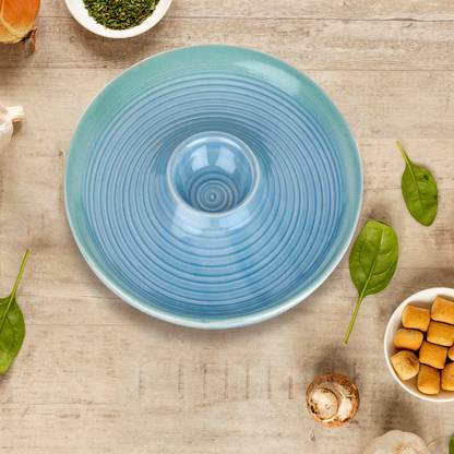 Ekhasa Ceramic Serving Chip and Dip Platter | Snacks Plates Round Shape, Blue Chip & Dip Tray Serving Set
