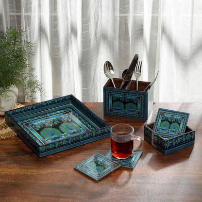 DULI Serving Tray, Coasters and Cutlery Holder Combo Sets for Gifting Purpose Tray, Coasters Serving Set