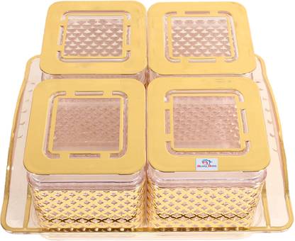 Heart Home 4 Container & Tray Set|Unbreakable Gold Plated Plastic Serving Tray|400 ml|Gold Container Serving Set