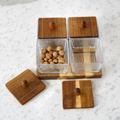 UMAI Serving Set For Snacks With Wooden Tray (180ml each) Container Serving Set