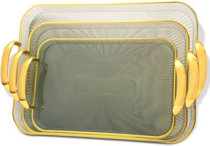 CASSOWARY Plastic Serving Trays Rectangular Design,Golden Borders-GREEN-3 Sizes Tray Serving Set