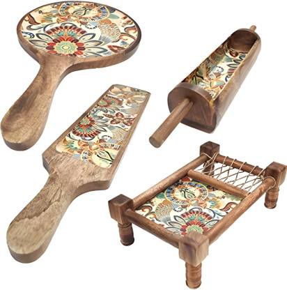 KARFE Wooden Serving Trays and Platters with Desi Khat Design, Pizza Serving Platter Tray Serving Set