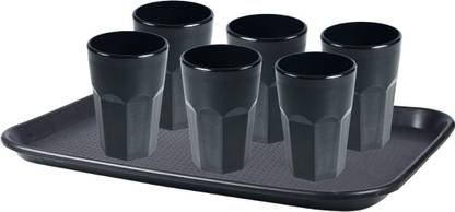 Showkeeen Unbreakable Beverage Glass Set of 6 & Serving Tray, Black Luxer Tray, Glass Serving Set