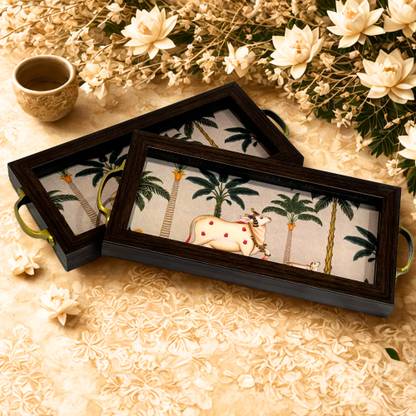 wraparts Hand Crafted Pichwai tray For Serving - Set of 2 Tray Serving Set