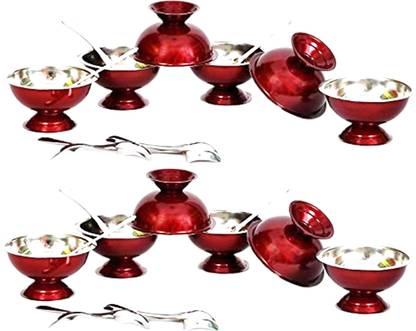 Dynore Set of 24 Maroon stainless steel ice cream cup and spoon set- 12 each Cup Serving Set