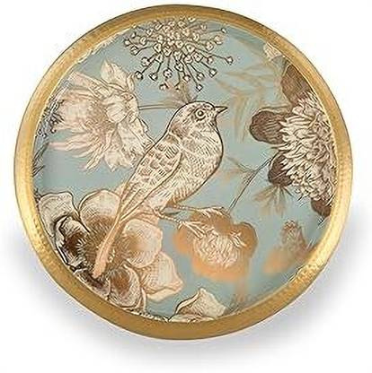 GRD International Bird Enamel Printed Table Decor Round Steel Serving Tray Tray Serving Set