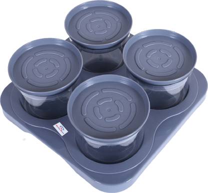 Heart Home 4 Containers & Tray Set|Unbreakable Plastic Serving Tray|350 ml (Gray) Container Serving Set