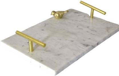 Decorage Elegant 20x30 Bird Song Tray - Marble & Stainless Steel, Rectangular Design Tray Serving Set