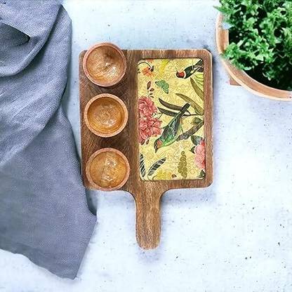 Decor House Handmade Mangowood Serving Dish Platter with 3 Bowl Set (15.5 x 10 inch) (Bird) Tray, Plate Serving Set