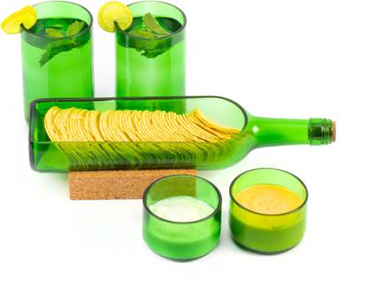 Kavi The Poetry-Art Project Wine Recycled Bottle Serving Set, Plate, Glass, Chip & Dip Tray Serving Set