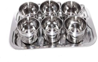 Yes kitchen Deluxe Stainless Steel Tea and Coffee Cups 100 ml with Serving Tray - Set of 6 Cup, Tray Serving Set