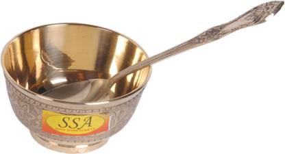 Shivshakti Arts Brass Mixing Bowl Handmade Pure Brass Embossed Flower Design Katori Bowl With Spoon Serving Indian Home Food Homeware::Set Of 1
