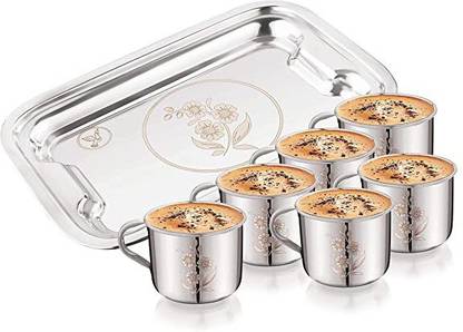 Yes kitchen Royal Deluxe Laser Design Stainless Steel Tea and Coffee Cup 140ml Tray Set of 7 Cup, Tray Serving Set