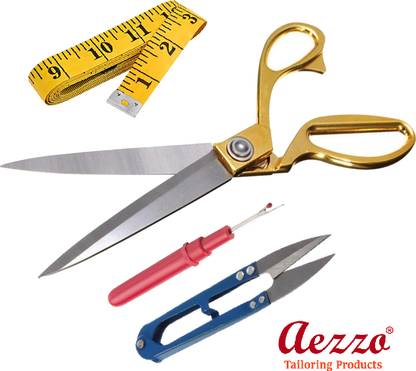 Aezzo Right Handed Sharp and Premium Quality Creative Brass Handle Gold Tailoring Scissors, Thread Cutter and Measure Tape Combo Pack Tailoring Kit. (Pack of 3) Sewing Kit