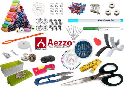 Aezzo Double Layer Multipurpose Tailoring Sewing Kit Box with all Accessories like 300 Meter Thread Spool, Needle Compact, Thread Cutter, Measure Tape, Dress & Trouser Hook, Bobbins, Shirt Buttons, Seam Ripper, Scissors, Pearl Pin etc. with Heavy, Durable and Flexible Transparent Plastic Sewing Kit Box. Sewing Kit