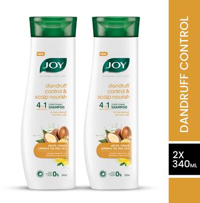 Joy Natural Actives Dandruff Control and Scalp Nourish 4 in 1 Multi Action Conditioning Shampoo | With Lemon and Tea Tree Oils, Argan, Ginger | Anti-Dandruff Conditioning Shampoo Pack of 2 X 340ml )