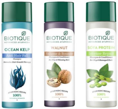 BIOTIQUE Shampoo Comb - Ocean Kelp & Walnut & Soya Protein 120ml Each