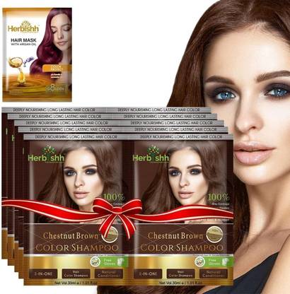 Herbishh Hair Color Shampoo Pouch with Argan Hair Mask 10+1pack Chestnut Brown