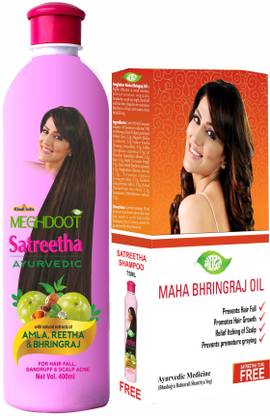 MEGHDOOT Combo of Satreetha Shampoo 400ml and Maha Bhringraj Oil 200ml Pack of 2