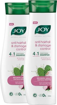 Joy Natural Actives Anti Hairfall & Damage Control 4-in-1 Multi Action Conditioning Shampoo With Red Onion Keratin, Cactus & Garlic extracts | Anti Hair Fall Conditioning Shampoo Pack of 2 X 340 ml