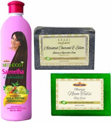 MEGHDOOT Ayurvedic Combo of Satreetha Shampoo 400ml and Hand Made Soap 125gm X 2 Pack of 3