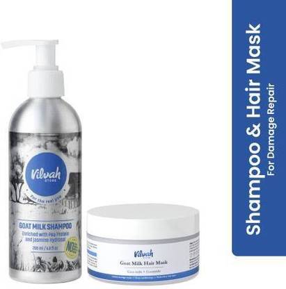 Vilvah Store बकरी के दूध का हेयर कॉम्बो | शैम्पू के साथ डीप नरिशिंग किट 200 ml और हेयर मास्क 200 ग्राम