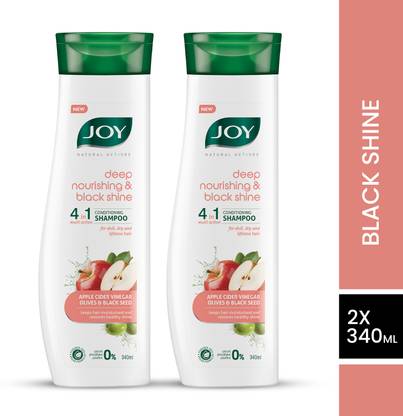 Joy Natural Actives Deep Nourishing & Black Shine 4 in 1 Multi Action Conditioning Shampoo for Dull Hair | With Apple Cider Vinegar, Amla, Back Seed & Olive Oil | Hair Conditioning Shampoo ( Pack of 2 X 340ml )