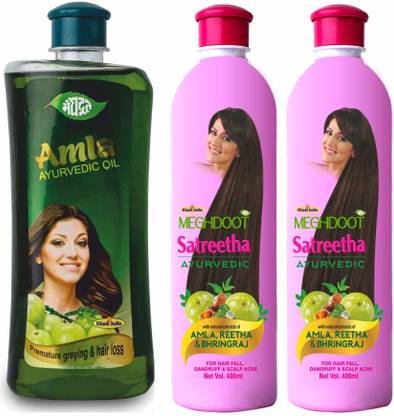 MEGHDOOT Ayurvedic Combo of Satreetha Shampoo 400ml X 2 and Alma Oil 500ml Pack of 3