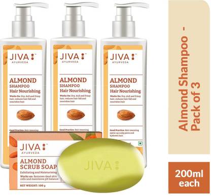 JIVA Almond Shampoo - Nourishes Your Hair Roots and Prevents Hair Loss - 200 ml, Pack of 3 with Almond Soap Free - 100 g