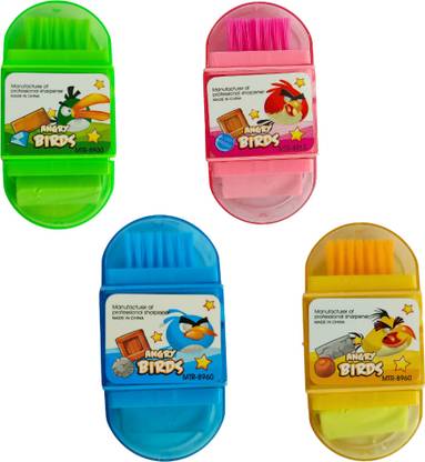 RELIA ONLINE Pencil Sharpener with Eraser & Brush for Kids ( Pack of 4) Cartoon Design Oval Shape Sharpener with Eraser and Brush Sharpeners