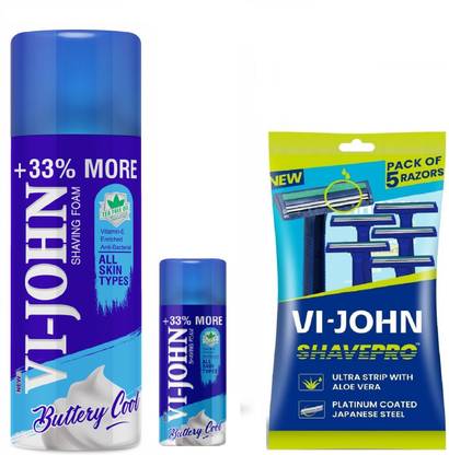 VI-JOHN SHAVING FOAM ALL SKIN TYPE (400 + 50 GM) + RAZOR (3 ITEMS IN COMBO KIT)