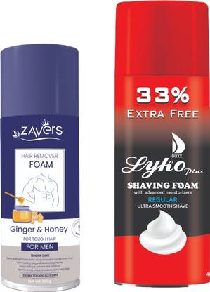 Zavers Hair Remover Foam For Men (200 GRM) + DUXX LYKO Plus Shaving Foam Regular