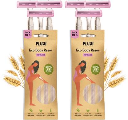 PLUSH Eco Razor Disposable body razor with wheat straw handle|, Women (Pack of 6), Women