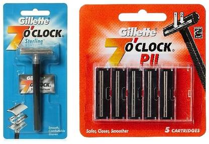 Gillette 'o' Clock Razor and 7 PII Cartridge - 5 Cartridges, Men & Women