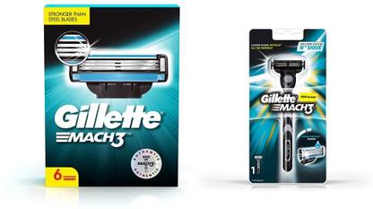 Gillette Mach 3 Shaving Blades- Pack of 6 (Cartridges) & New Blade Razor - 1 Count, Men