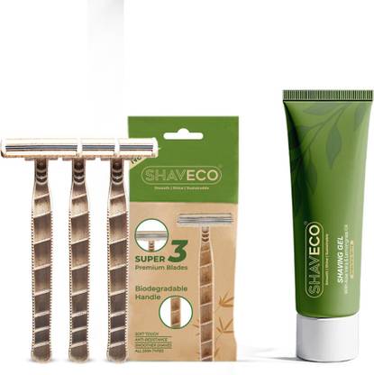 SHAVECO Bamboo Disposable Razor (Pack of 3) & Natural Shaving Gel Combo | Shaving Razor, Men