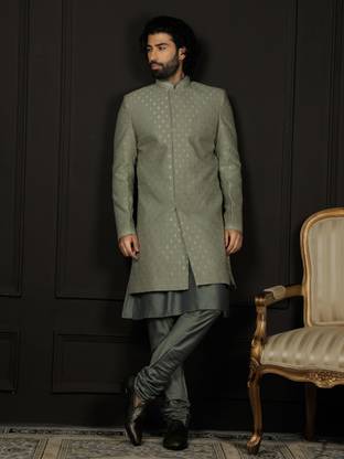 VASTRAMAY Silk Blend Jacquard Indo Western, Kurta And Pant style Pyjama for Men Self Design, Woven Sherwani