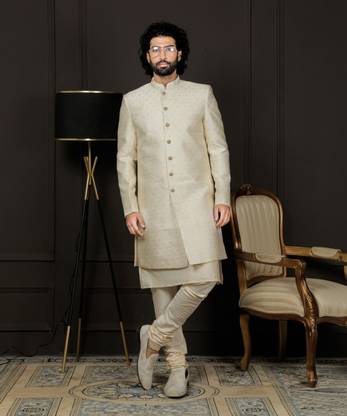 VASTRAMAY Silk Blend Jacquard Indo Western, Kurta And Pyjama for Men Self Design, Woven Sherwani