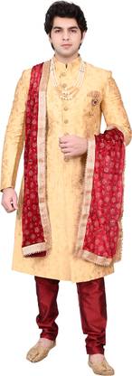 Diamond Style Traditional Groom Sherwani Golden with Dupatta Pajama Mala Embroidered Sherwani