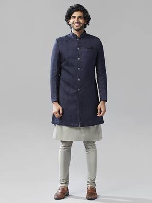 Kisah Kisah Men Dark Blue Kurta Sherwani Churidar Set Self Design Sherwani