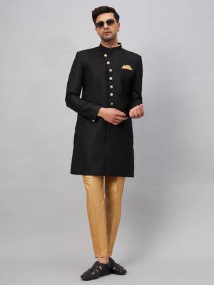 VM VM Men's Black And Rose Gold Silk Blend Sherwani Set Solid Sherwani