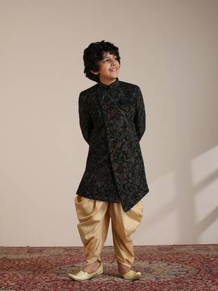 MANYAVAR Dark Green Velvet Foil Print|Stone Work Indo Western Patiala Set For Child Printed Sherwani