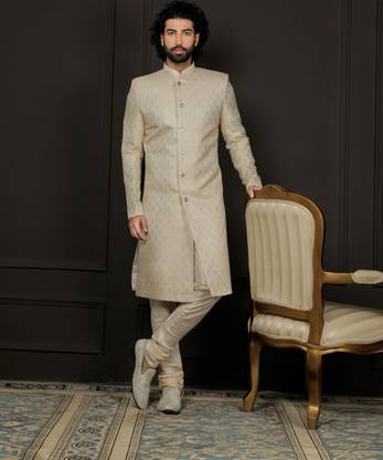 VASTRAMAY Jacquard Self Design Silk Blend Sherwani And Pyjama Set For Men. Self Design, Woven Sherwani