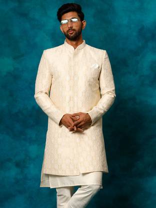 VASTRAMAY VASTRAMAY Men's Beige Silk Blend Sherwani Only Top Self Design Sherwani