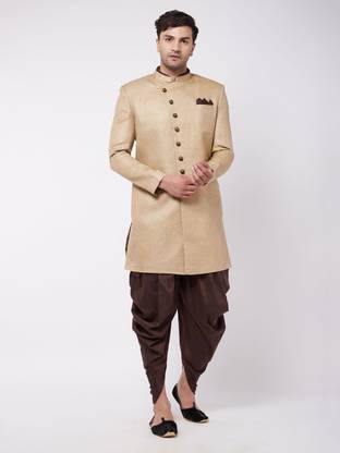 VASTRAMAY Men's Coffee Brown Polyester Lurex Blend Sherwani Set Self Design Sherwani