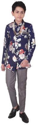 Eliq Surprise your little boy with this trending side button sherwani suit set from Eliq. Will add more stars to your child’s personality and will give him a complete ethnic look. Designed with high quality jacquard blend fabric to give more comfort to your child. This boys dress comes with a sherwani and a pair of polo pant. This sherwani set are available in different colors . sherwani has nehru collar and full sleeve, single placket with asymmetric hem, floral pattern and Pant has back elastic which ensures it fits to the little and delicate waist of your child. You can team it up with matching footwear and accessories for a complete ethnic look. This boys ethnic suit suitable for parties, wedding, ceremony, festival like like Diwali, Navratri, Dussehra, Pongal, Onam, Lohri, Eid, Christmas and so on. Give us a chance to serve you once. Floral Print Sherwani
